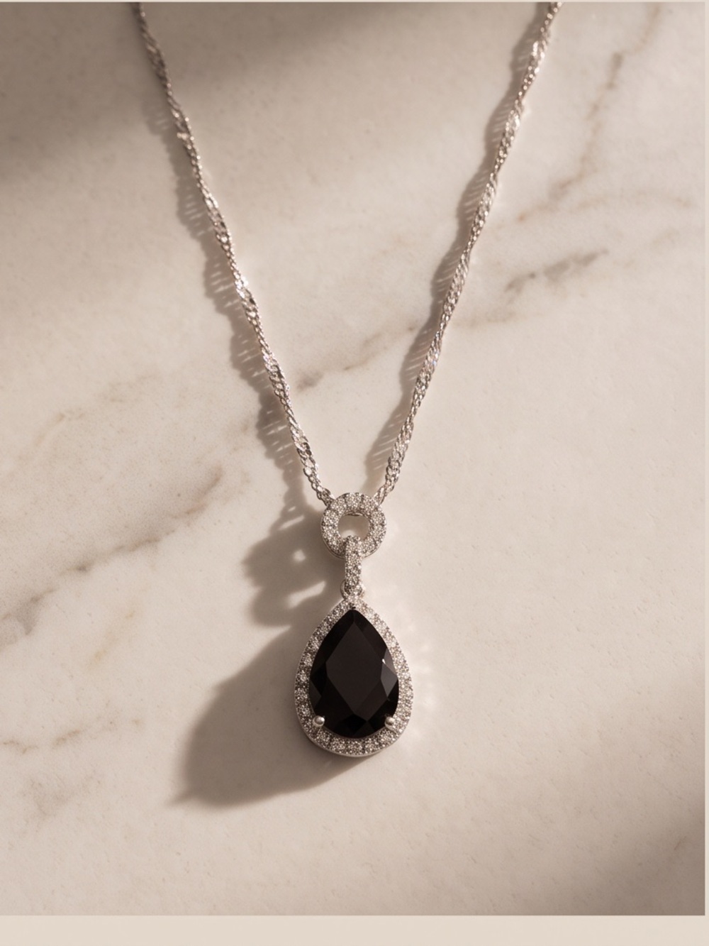 Silver Tone Black Onyx Teardrop Halo Pendant Necklace w/ CZ Rope Chain